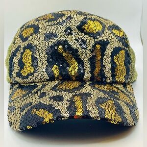 Sequin Leopard Animal Print Baseball Cap - Gold & Black. Adjustable back. Bling